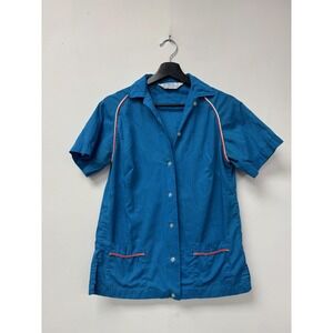 Vintage Hilton Bowling Shirt Womens 34 Blue Short Sleeve Snap Front Piping 70s